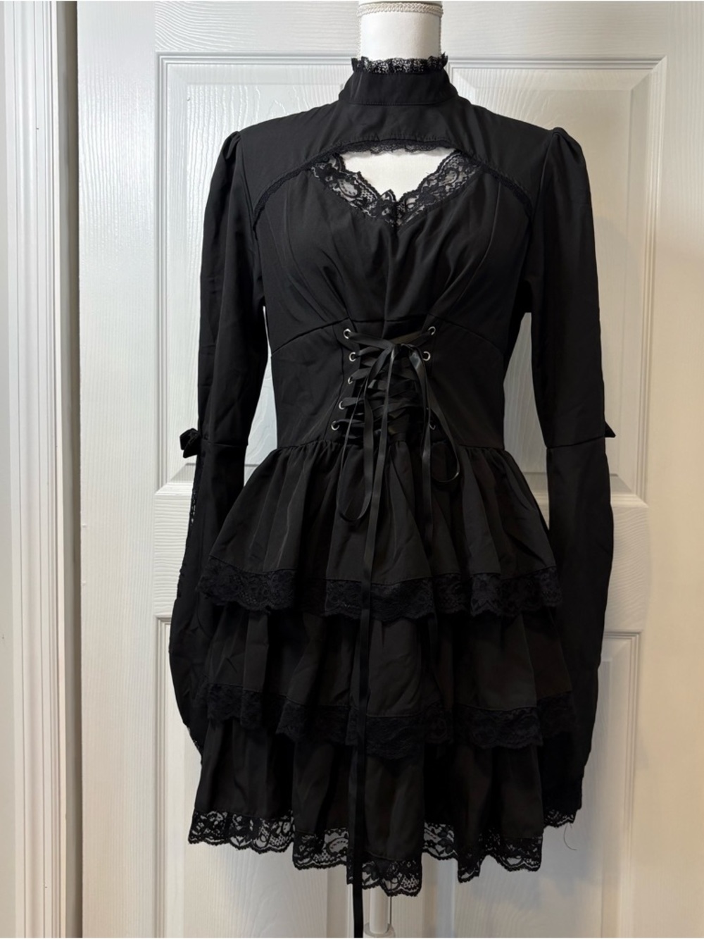 Black Gothic Lace Corset Dress Bell Sleeve Witchy Coquette Medium